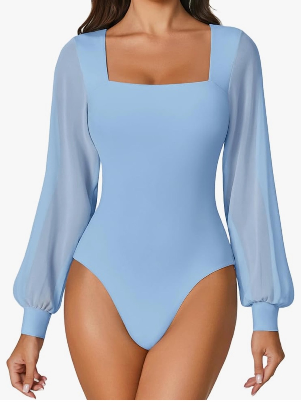 Square Neck Long Sleeve Light Blue Bodysuit with Sheer Balloon Sleeves 147